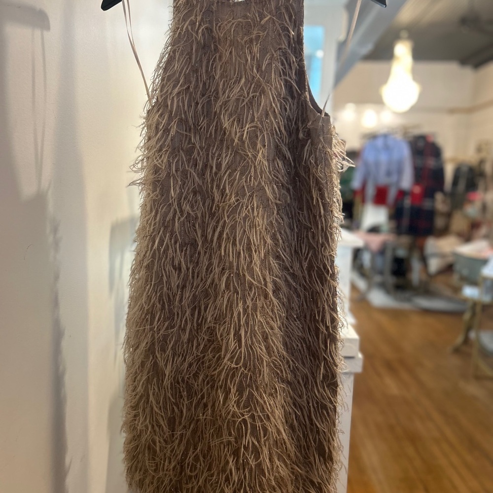 Trina Turk “Ursa Major Dress” in Taupe With Rose Gold Threads Size: 2